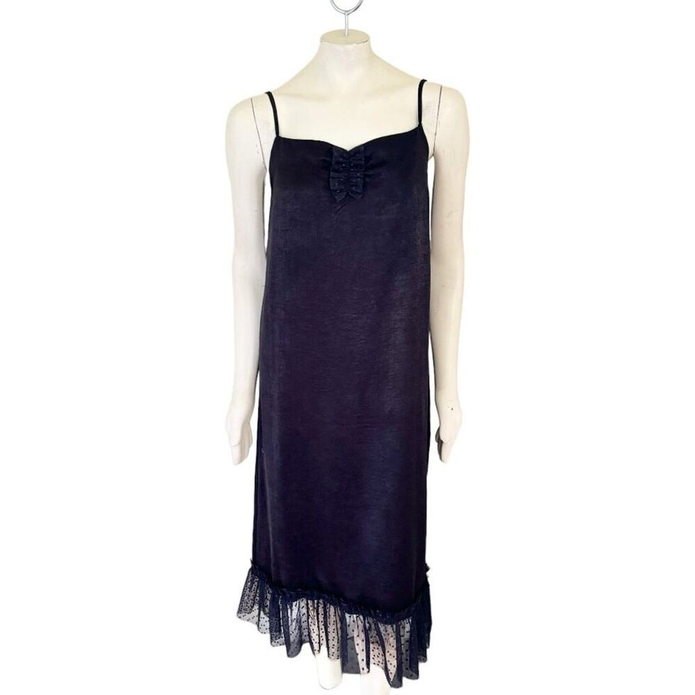 NEW MALI COLLECTION Black Silk Slip Dress  Polkadot Tulle Trim  SZ S